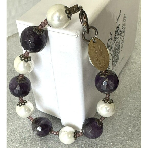 Schmid & Von Bosio Italy Purple Amethyst and Pearl Round Bead Bracelet 7.5" - Picture 10 of 10